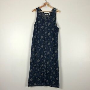 National Wildlife sleeveless scoop neck embroidered design denim maxi dress SM